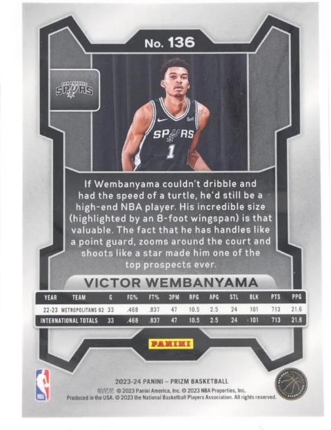 Victor Wembanyama 2023 Panini Prizm #136, back